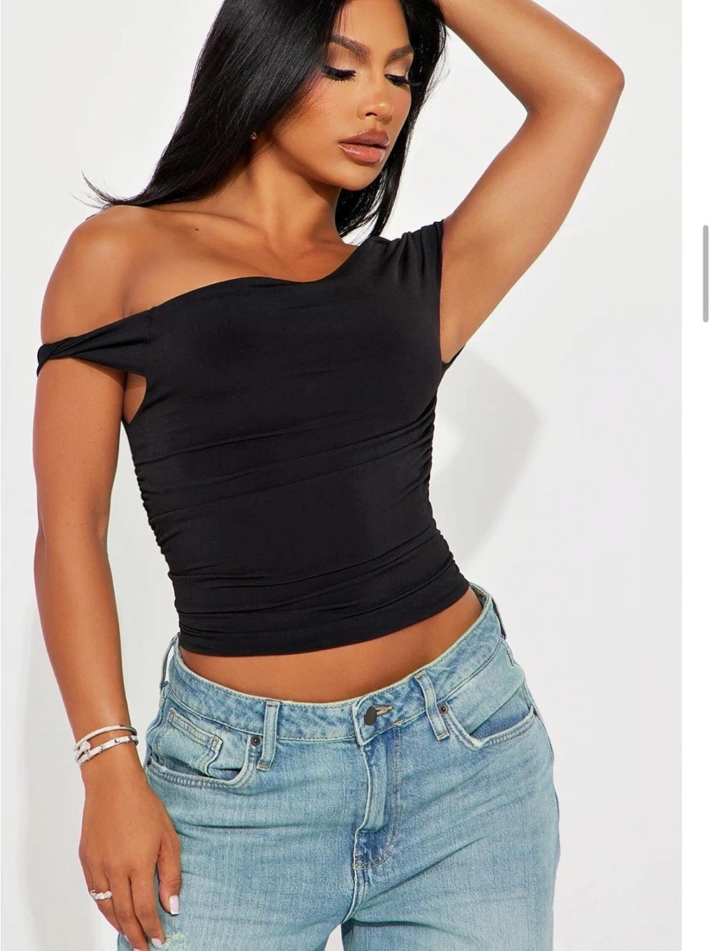 Ruched One Shoulder Top Black Like New